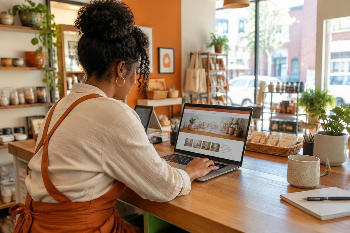 Small-business owner reviewing her website on a laptop
