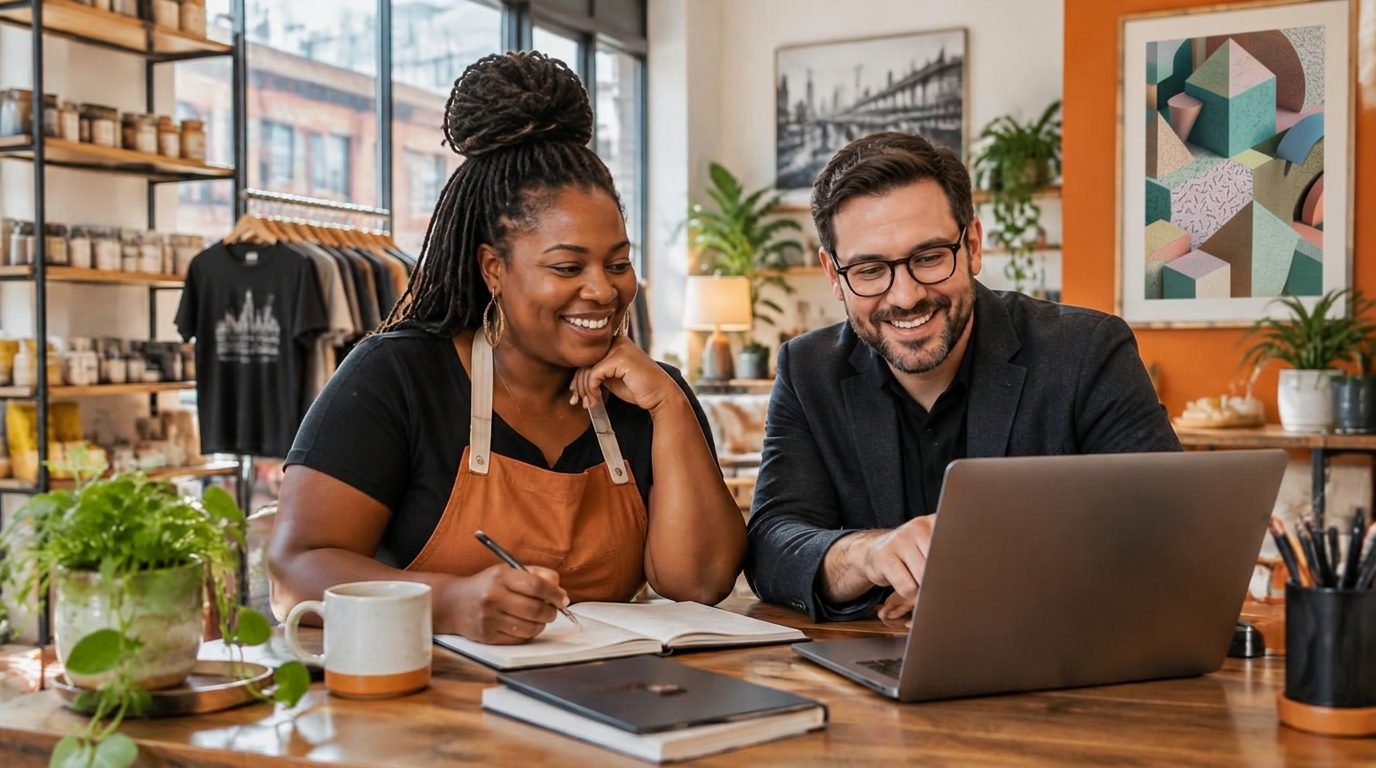 A Memphis small-business owner and advisor reviewing practical technology together
